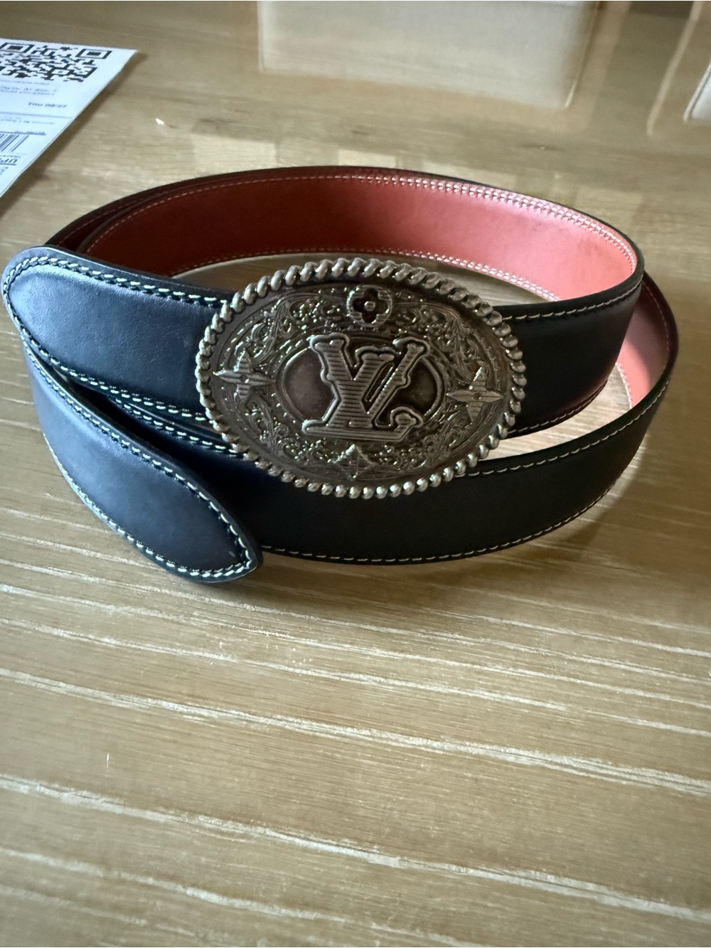 Louis Vuitton Black Leather Belt with Pink Interior and Ornate LV Buckle